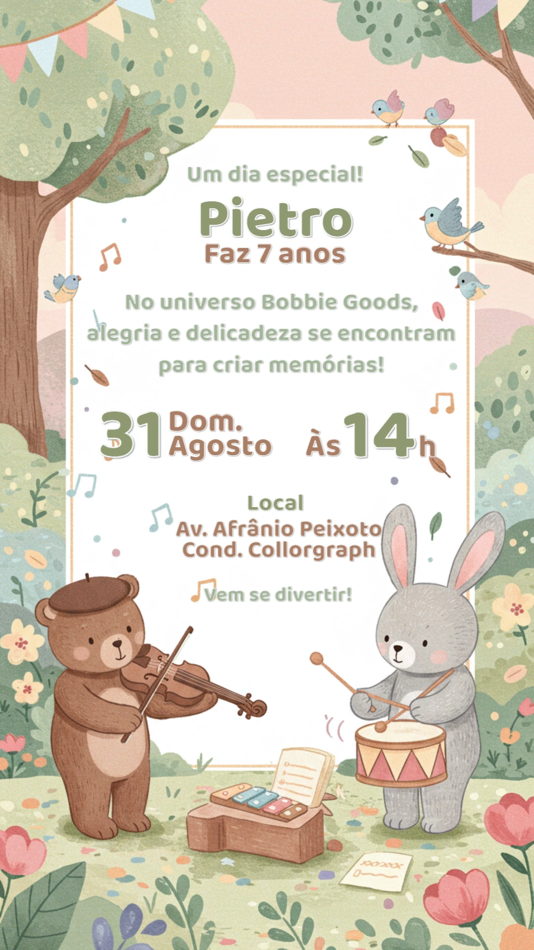 Convite Aniversário Ursinho Músico e Amigos para Editar