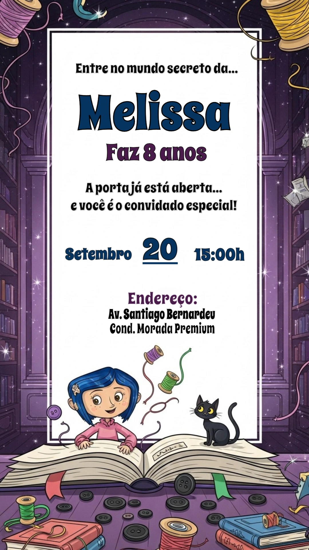 Convite de Aniversário Coraline Mundo Secreto para Editar Online