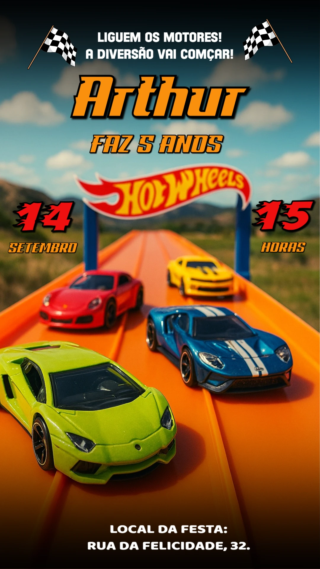 Convite de Aniversário Hotwheels com Carros para Editar Online