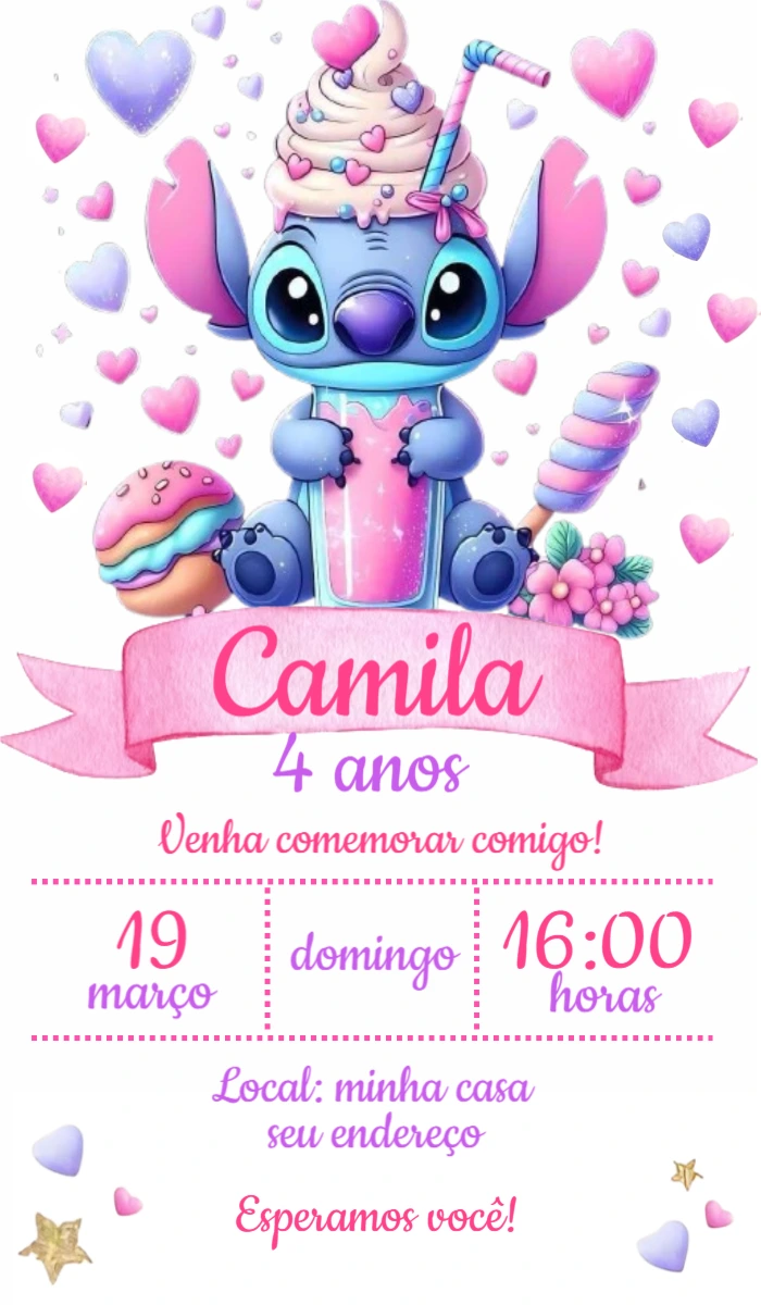 Convite de Aniversário Stitch Fofo Doces Modelo Editável