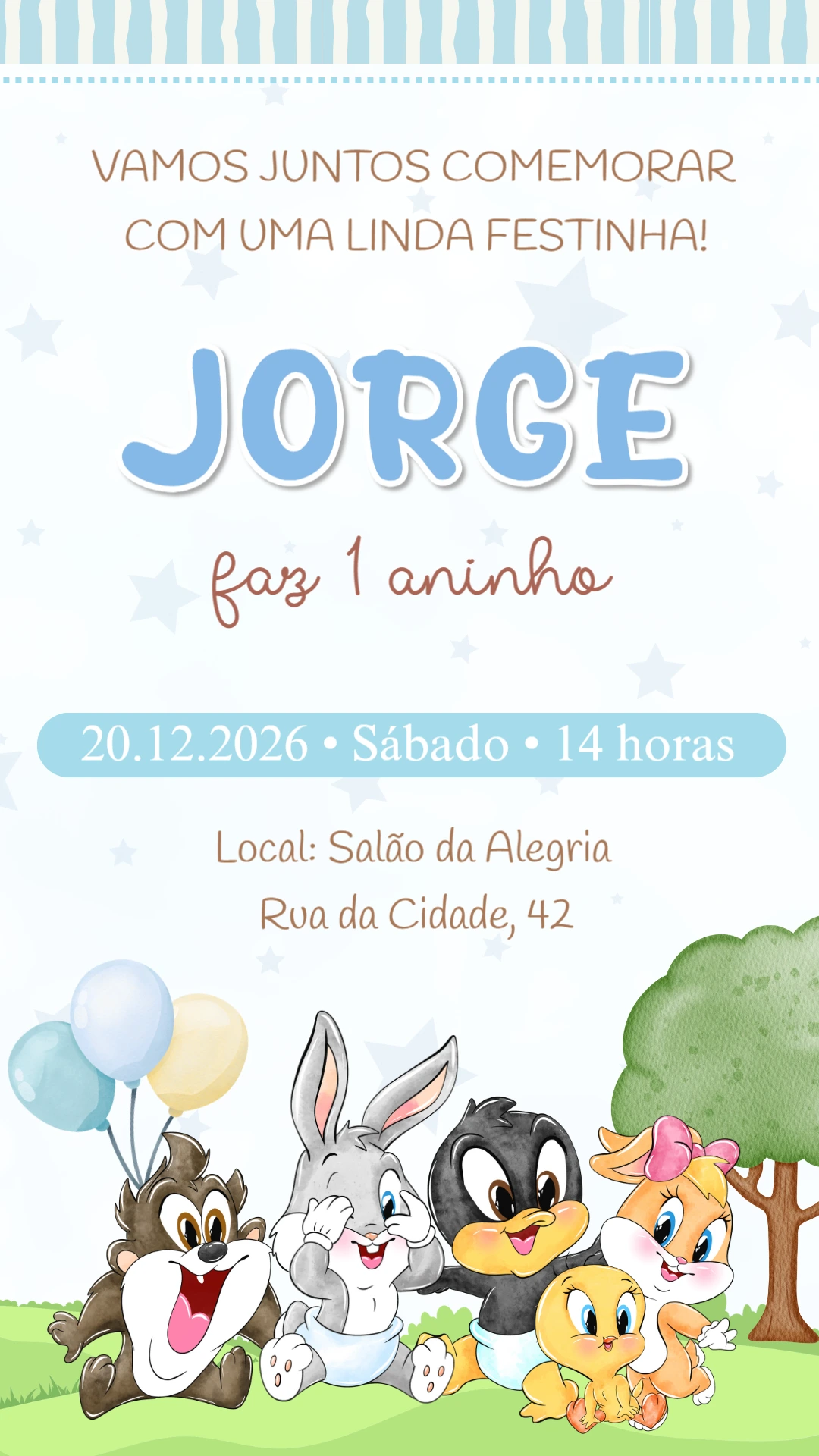 Convite de Aniversário Baby Looney Tunes Fofo para Editar