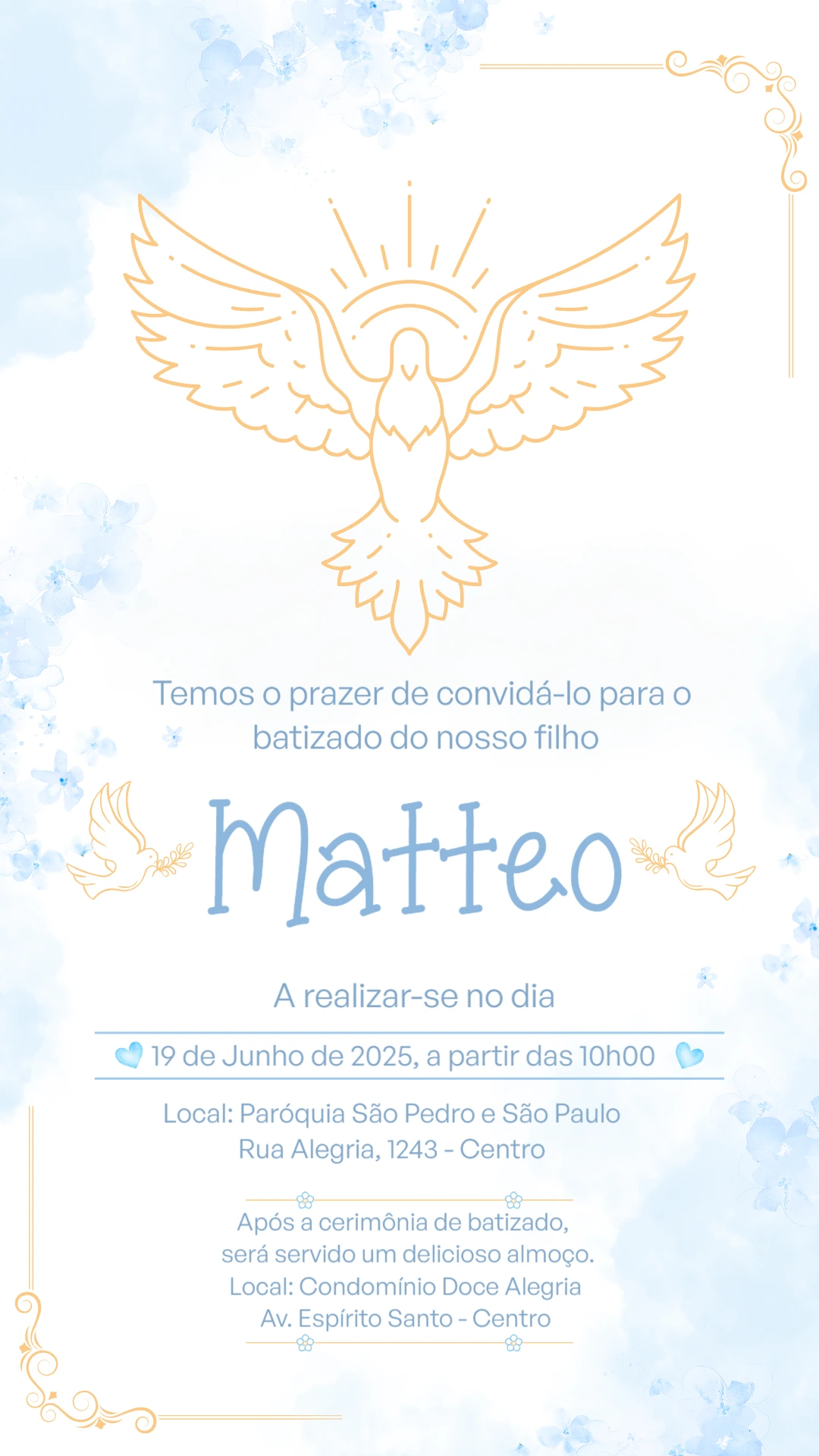 Convite Batizado Menino Espírito Santo para Editar Online
