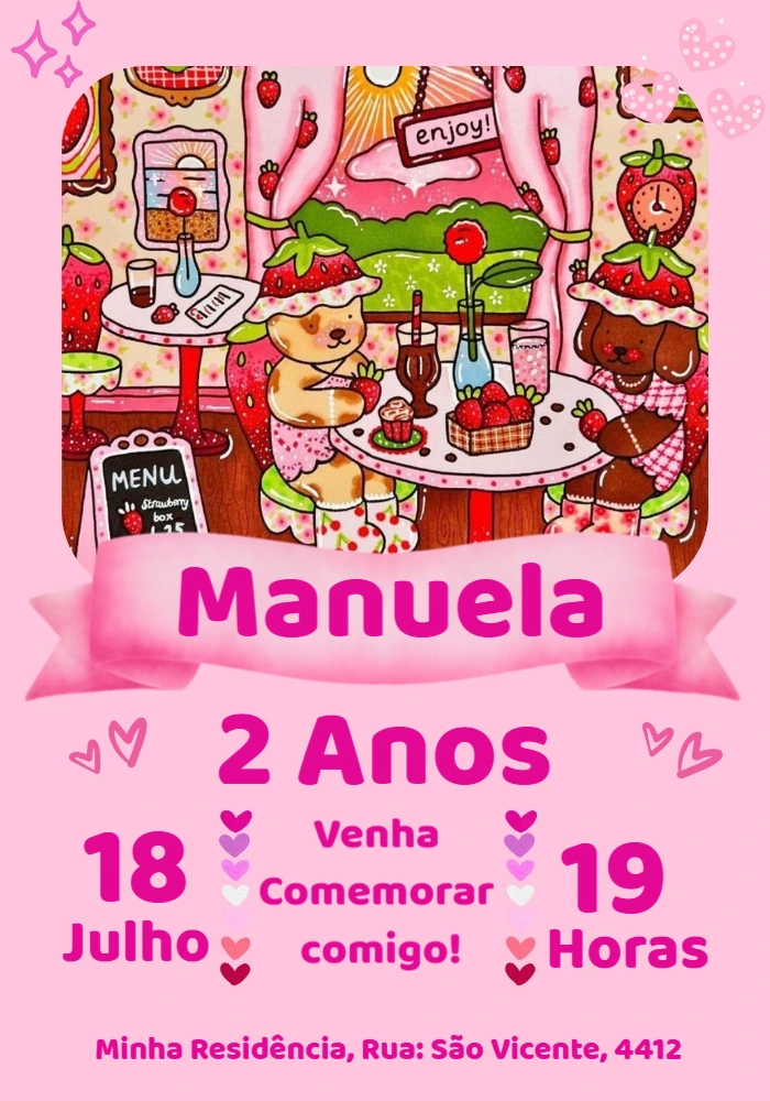 Convite de Aniversário Ursinhos e Morangos para Editar Online