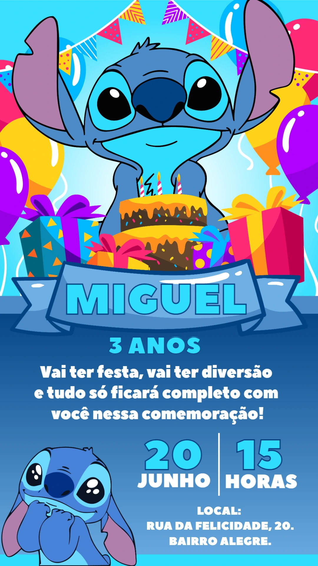 Convite de Aniversário Stitch para Editar Online
