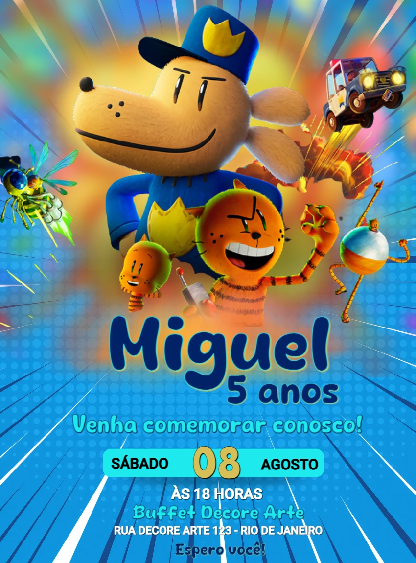 Convite de Aniversário Homem Cão com Personagens para Editar