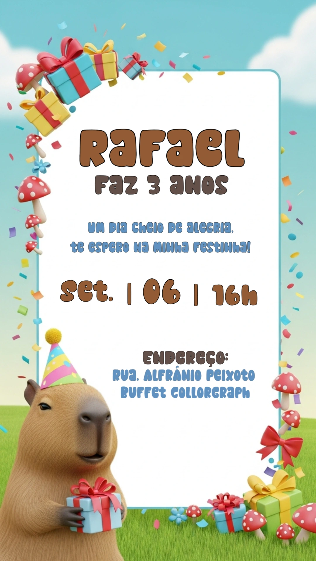 Convite de Aniversário Capivara Fofa para Editar Online