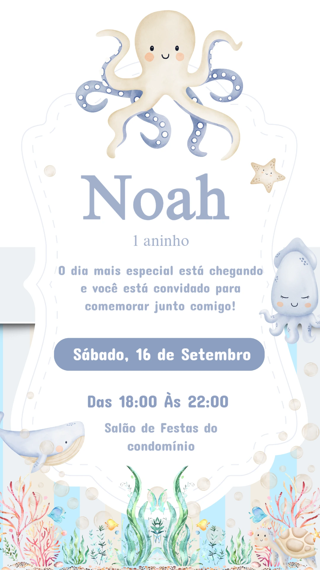 Convite Aniversário Fundo do Mar Aquarela para Editar Online