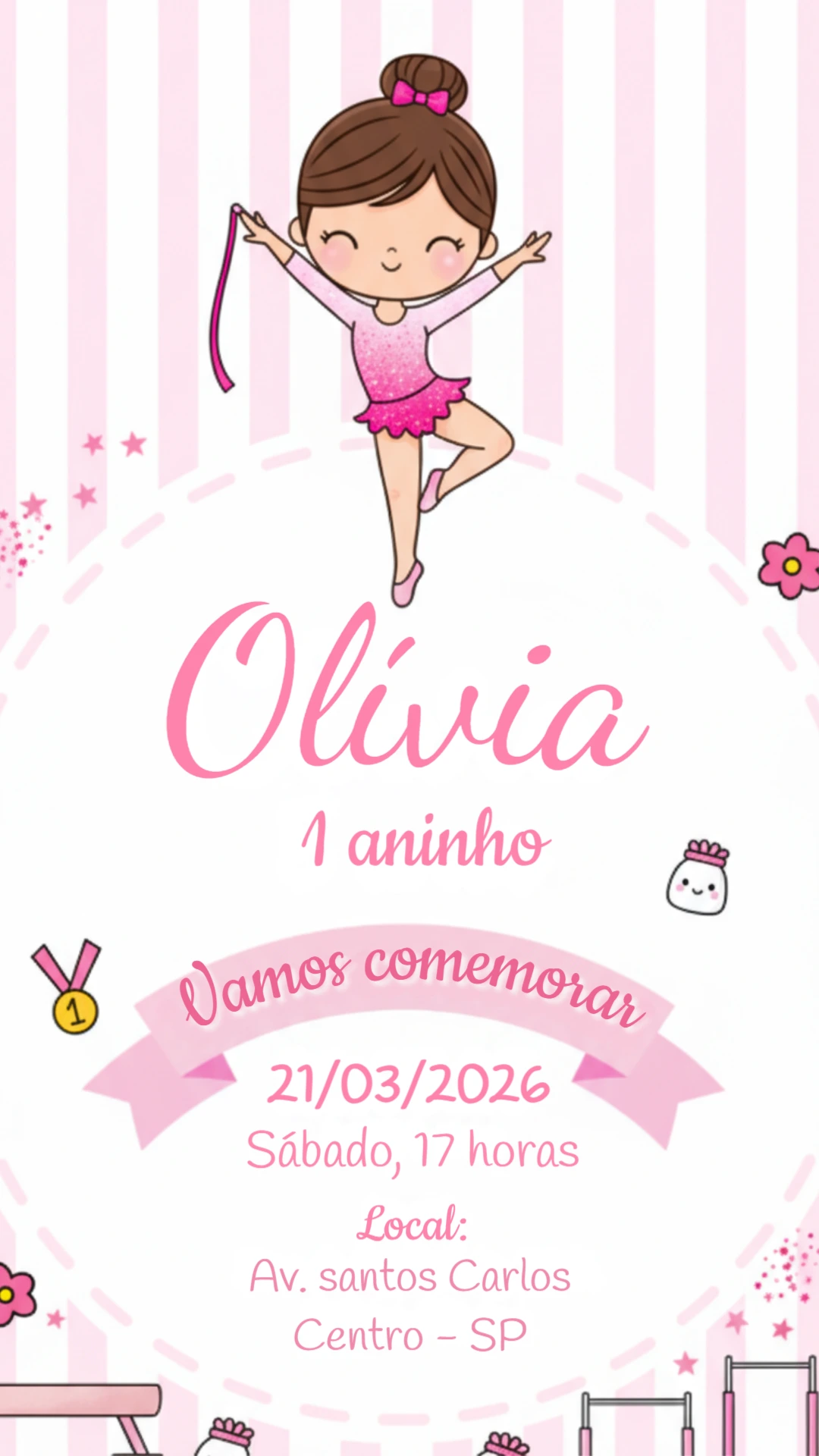Convite de Aniversário Ginástica Rítmica Rosa para Editar