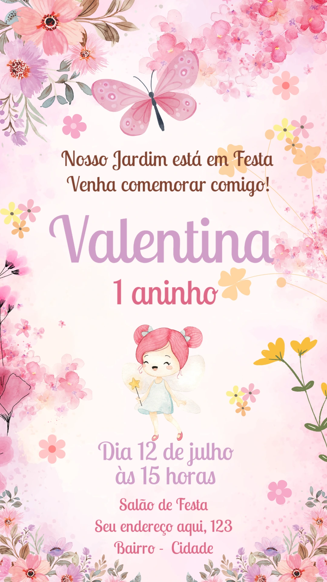 Convite Aniversário Jardim das Fadas para Editar Online