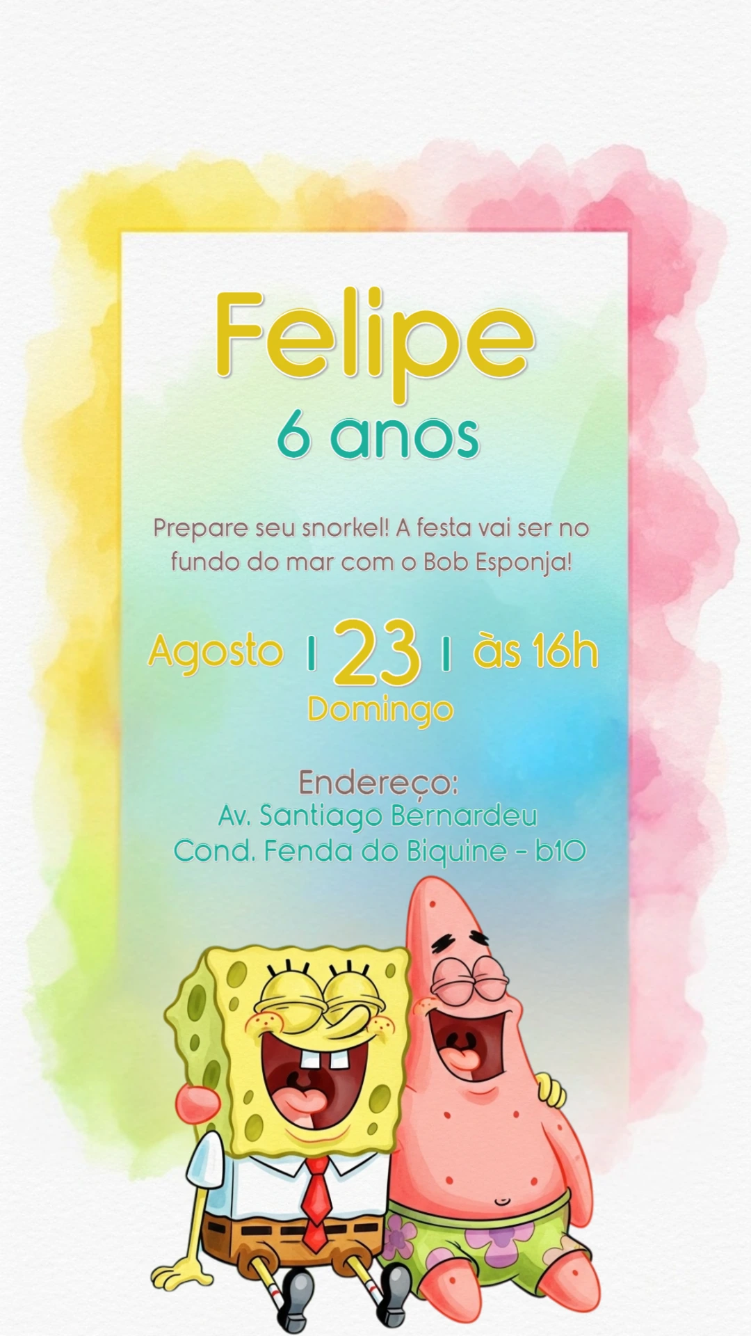 Convite Aniversário Bob Esponja e Patrick para Editar Online