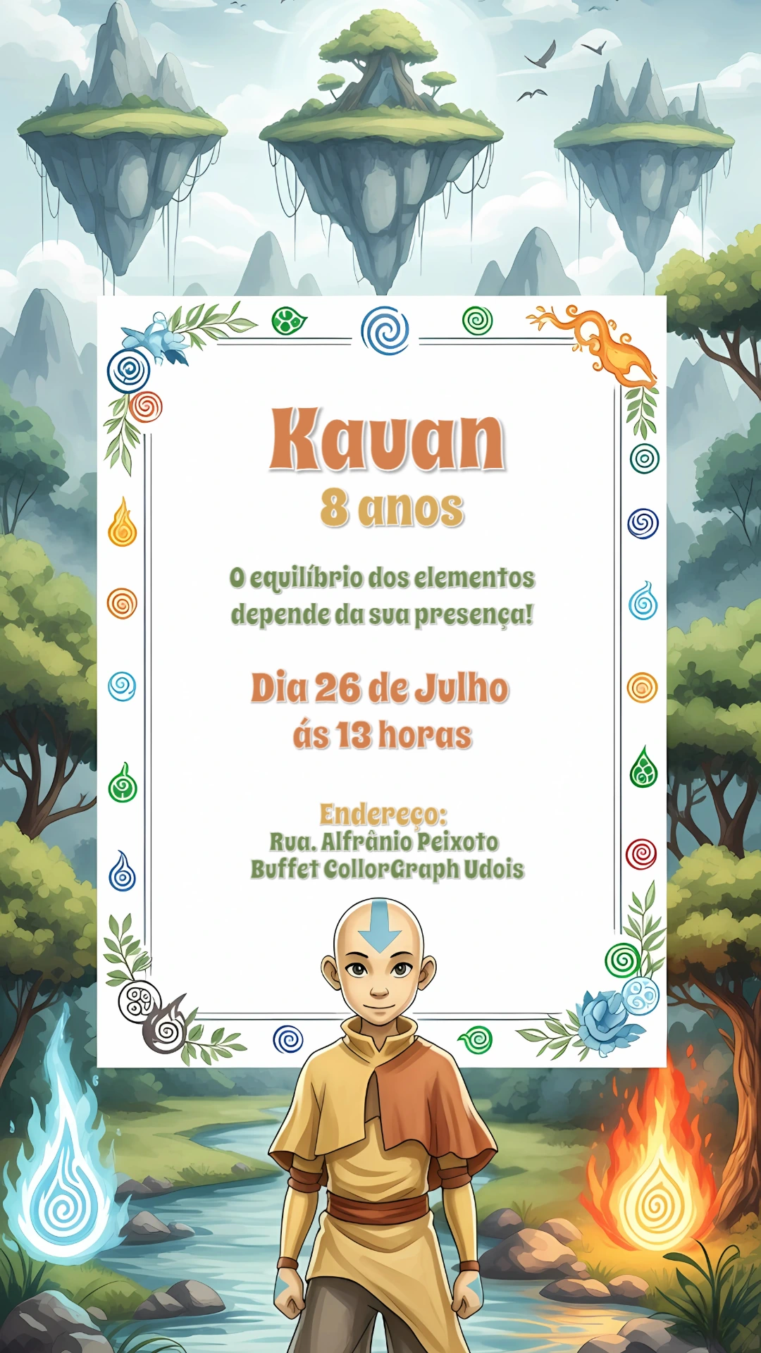Convite de Aniversário Avatar com os 4 Elementos para Editar