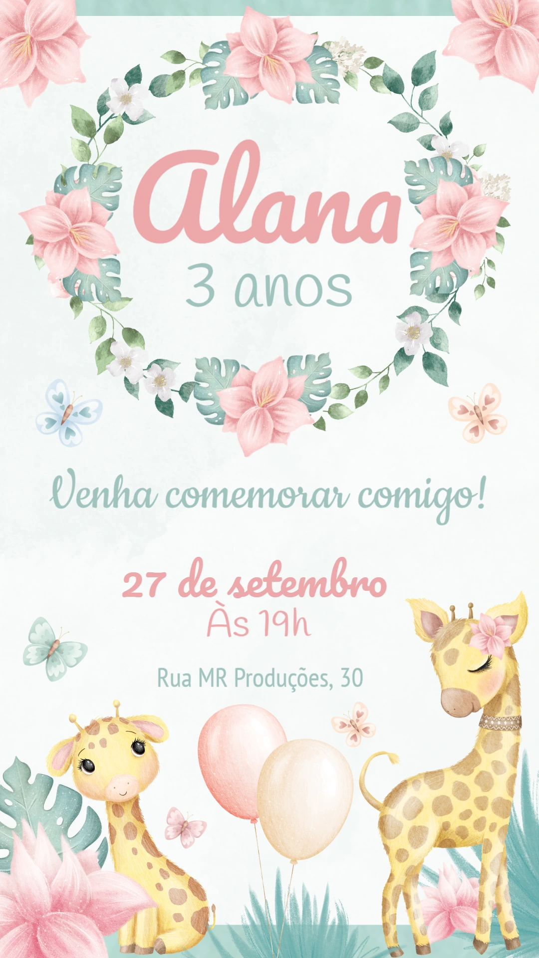 Convite Aniversário Girafinha Rosa para Editar Online