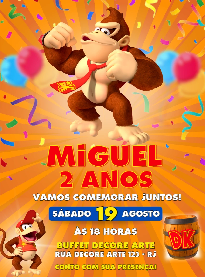 Convite de Aniversário Donkey Kong para Editar Online
