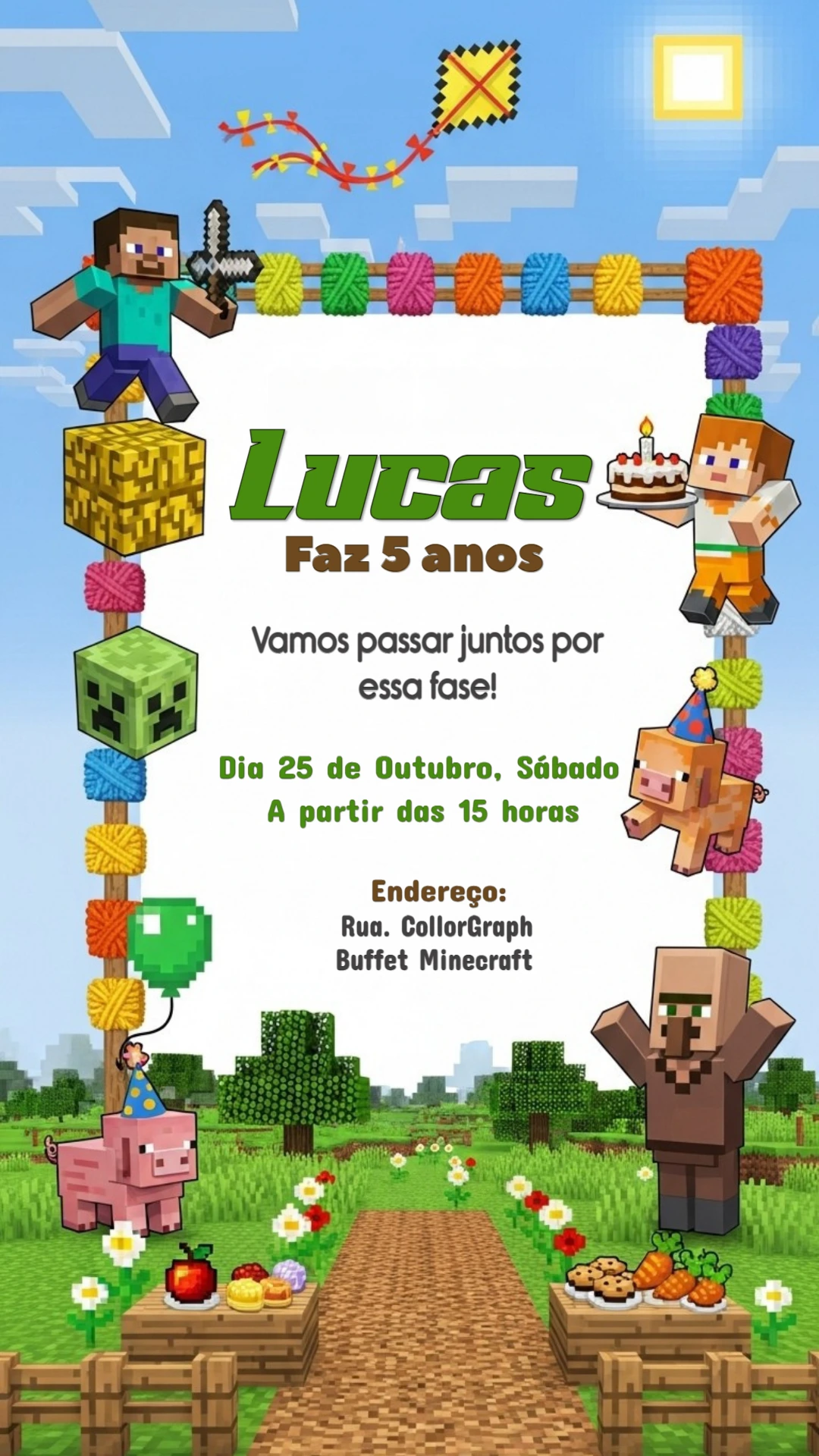 Convite de Aniversário Minecraft com Personagens para Editar Online