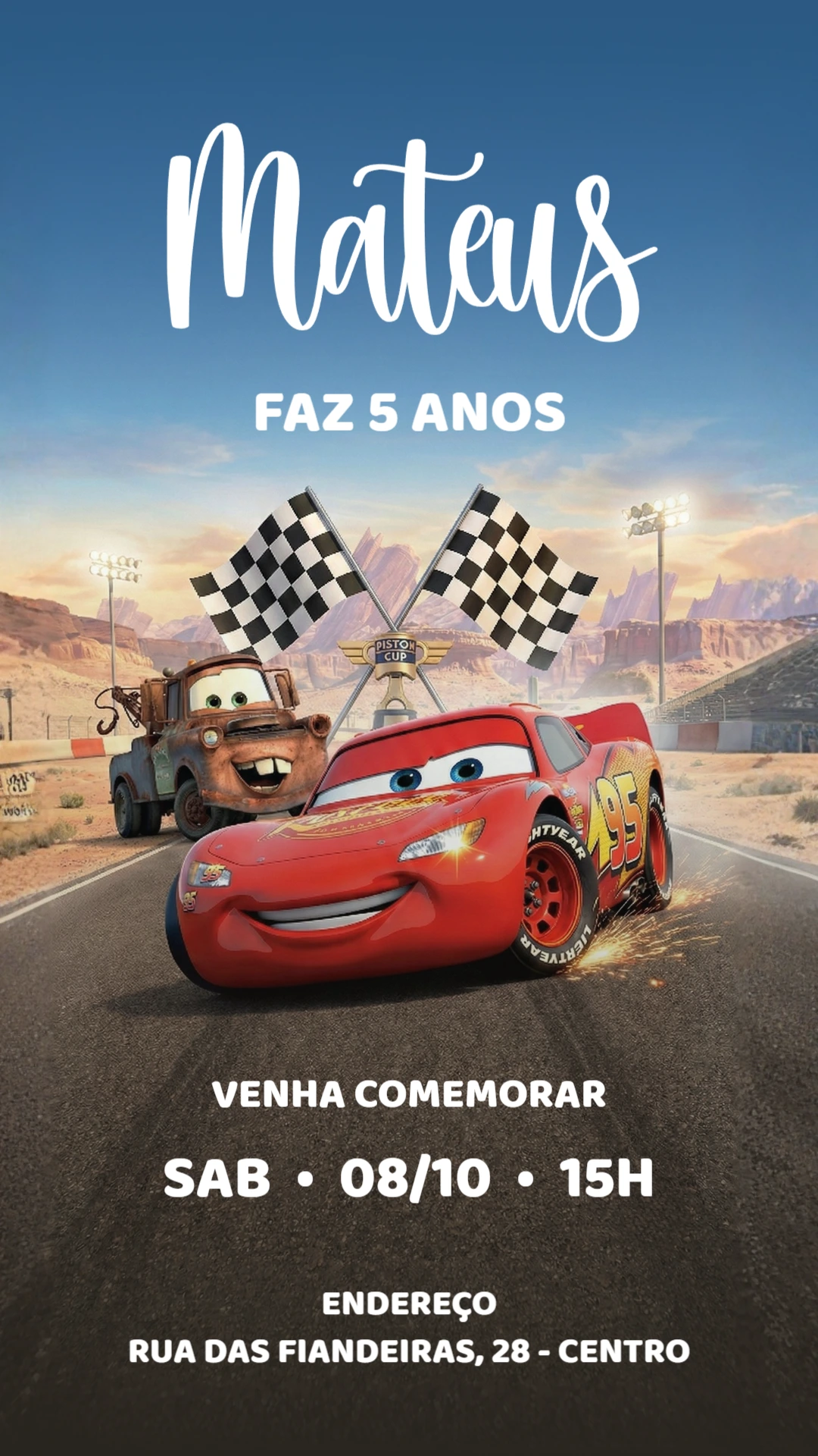 Convite de Aniversário Infantil Carros Disney Modelo Editável