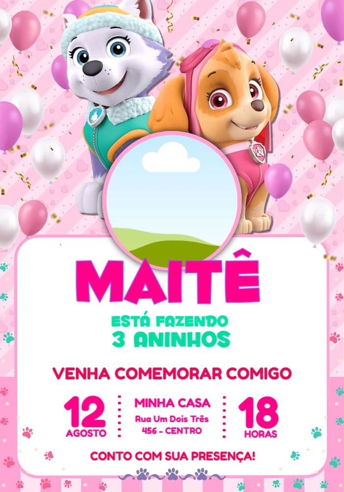 Convite Digital Patrulha Canina Menina Rosa para Editar