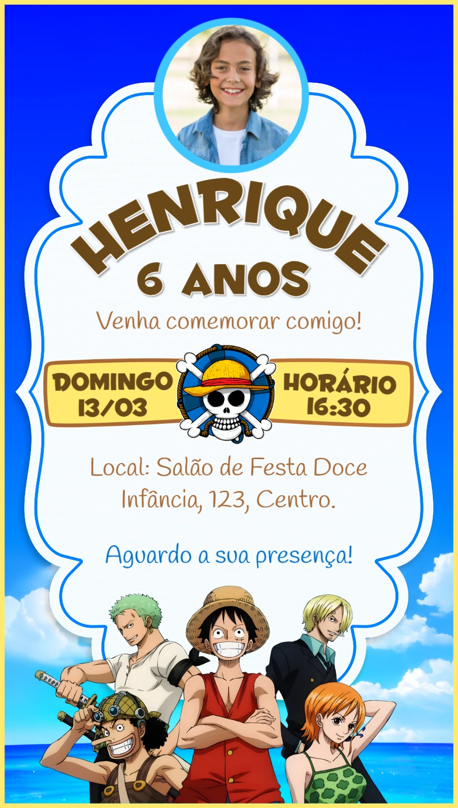 Convite Aniversário One Piece com Foto para Editar Online