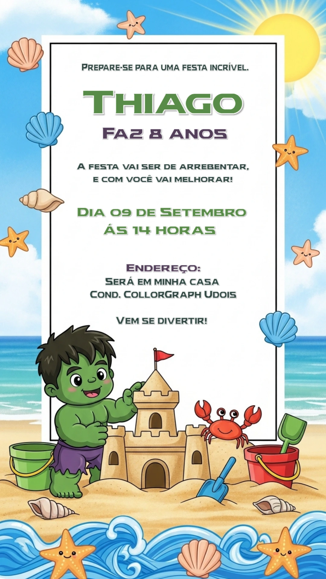 Convite Aniversário Hulk na Praia para Editar Online