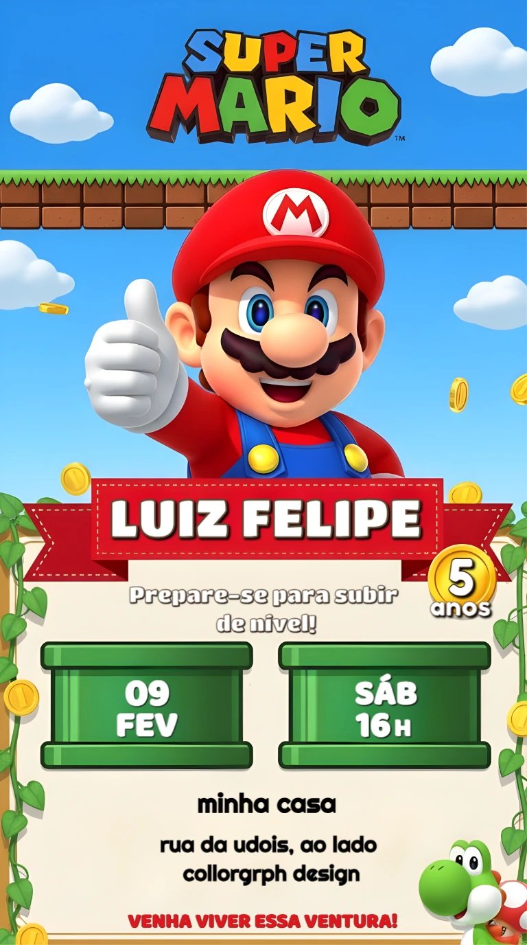 Convite de Aniversário Super Mario Colorido para Editar