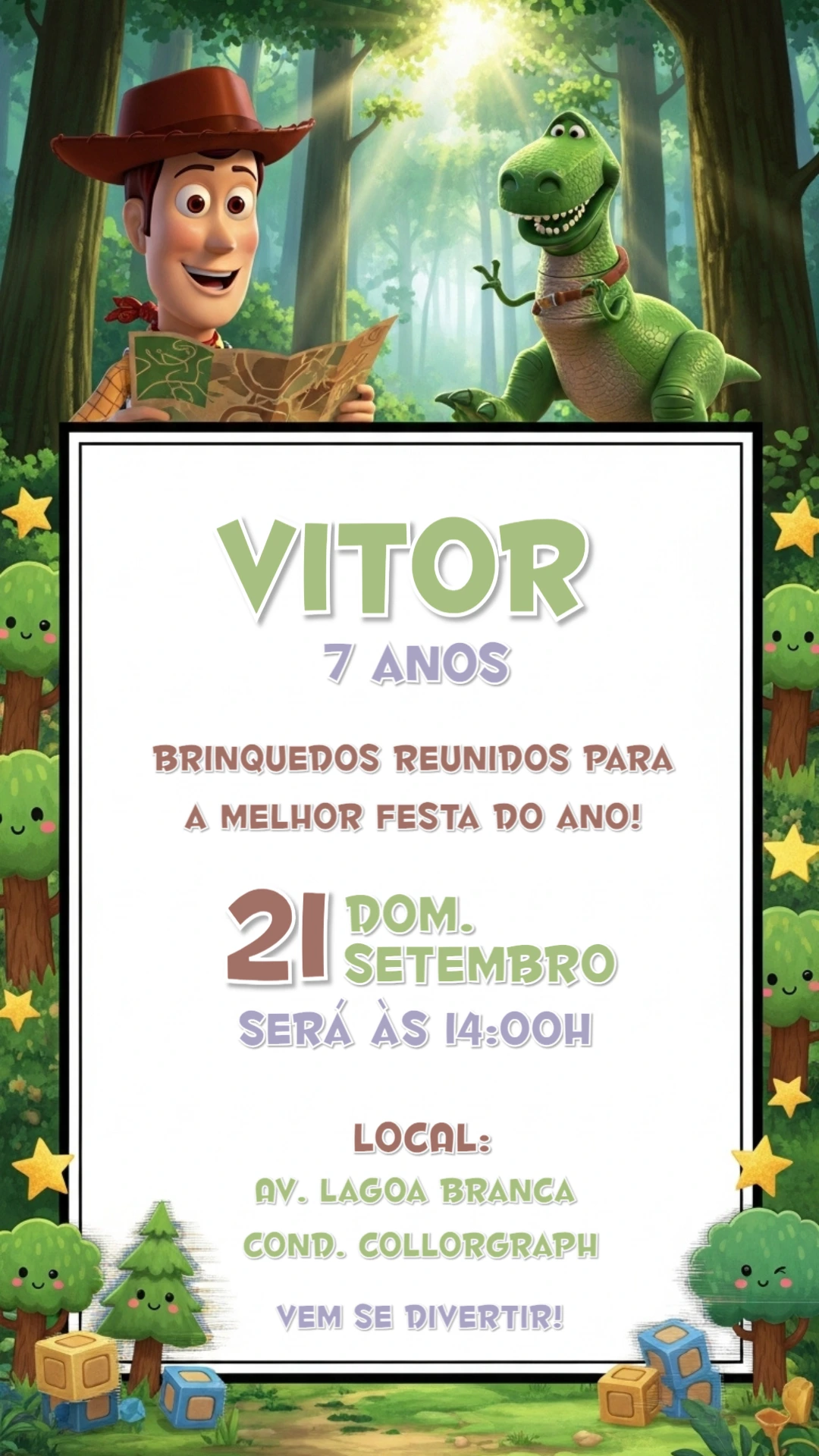 Convite de Aniversário Toy Story com Woody e Rex para Editar