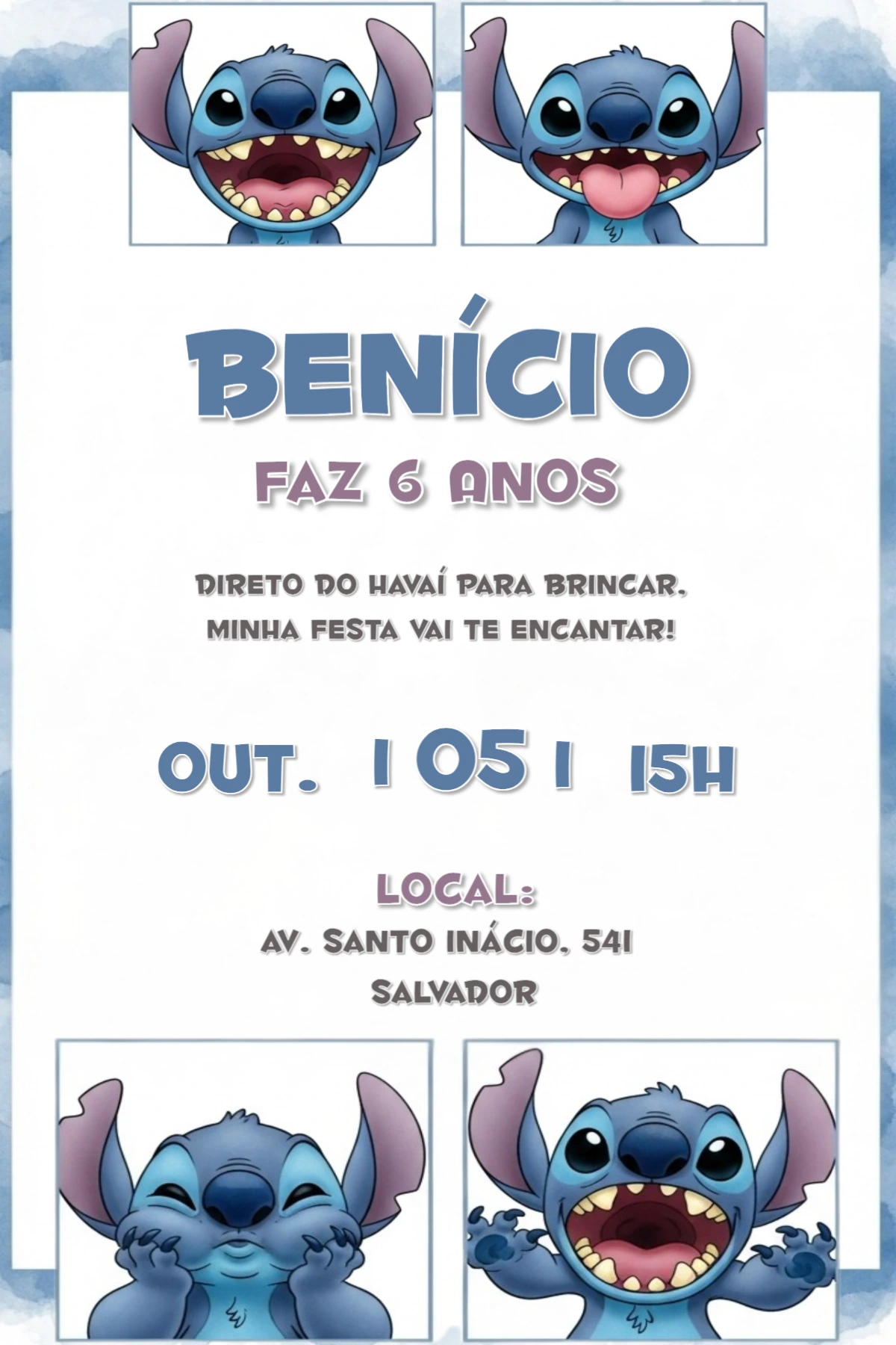 Convite de Aniversário Stitch para Editar e Personalizar Online