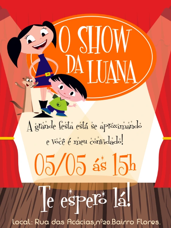 Convite Aniversário Show da Luna com Personagens para Editar Online