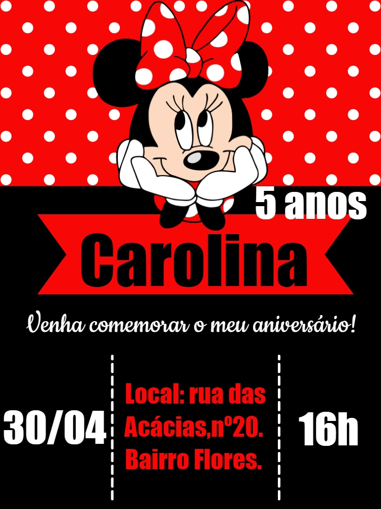 Convite de Aniversário Minnie Mouse Vermelha para Editar Online