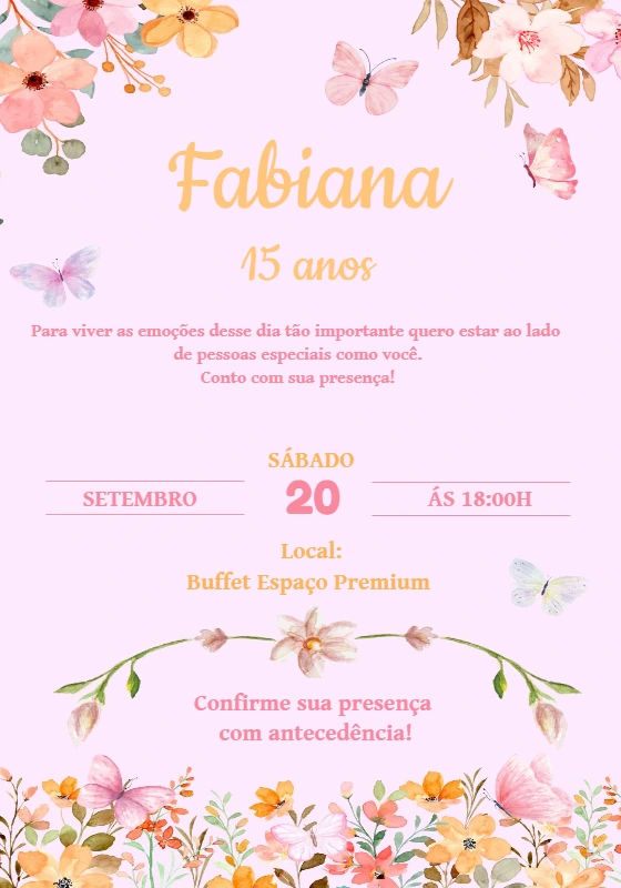 Convite de 15 Anos Floral com Borboletas para Editar Online