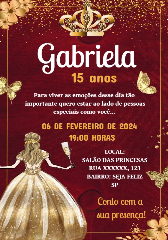 Convite 15 Anos Princesa Dourado e Vermelho para Editar Online