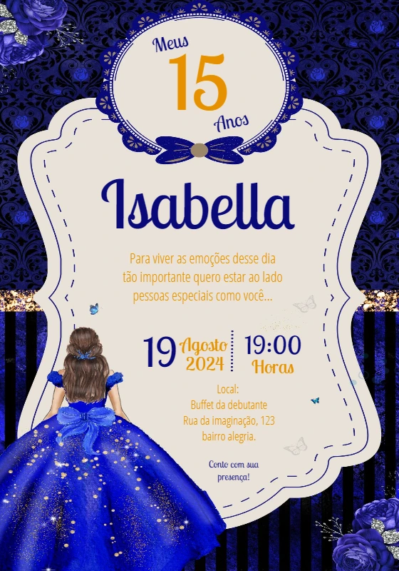 Convite 15 Anos Princesa Azul Royal para Editar Online