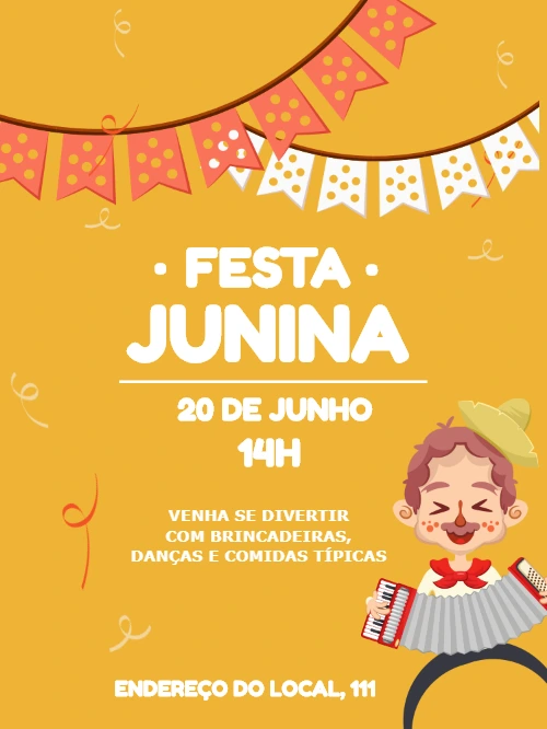 Convite de Festa Junina com Menino Sanfoneiro para Editar Online