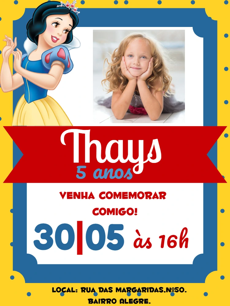 Convite Aniversário Branca de Neve com Foto para Editar Online