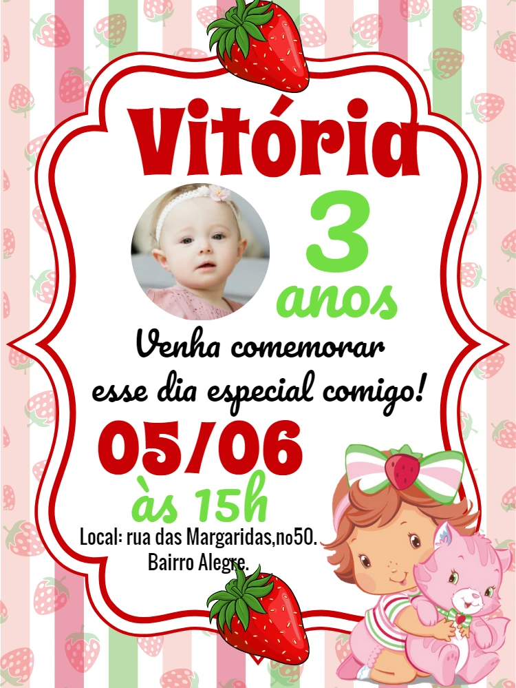 Convite Aniversário Moranguinho Baby com Foto para Editar Online
