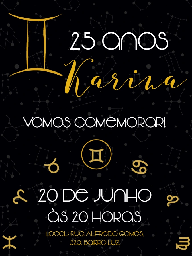 Convite Aniversário Signo Gêmeos para Editar Online
