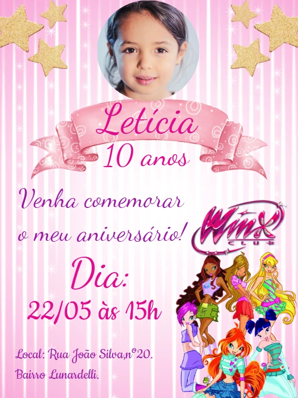 Convite de Aniversário Winx Club com Foto para Editar Online