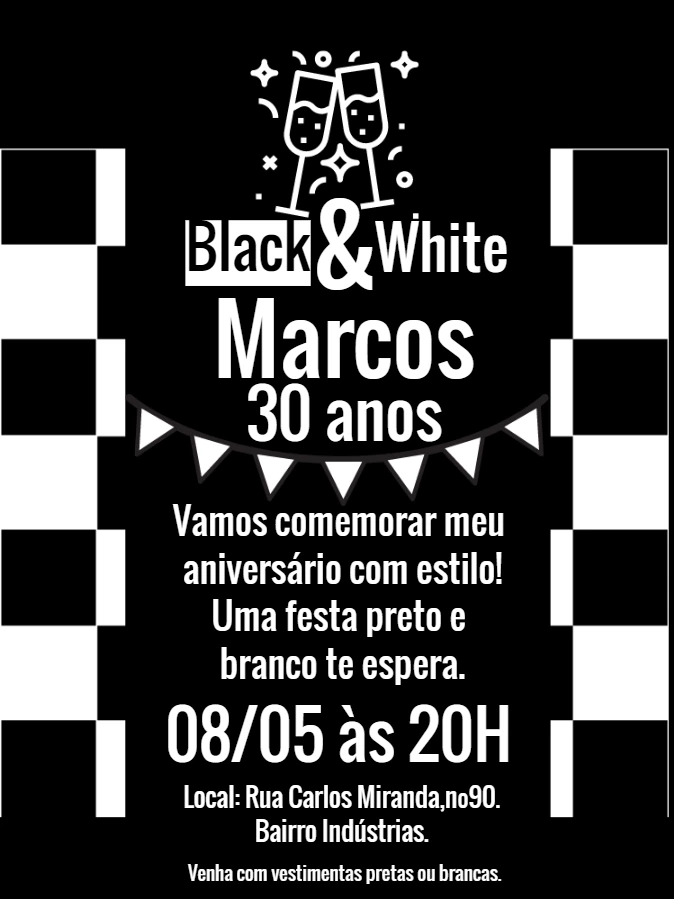 Convite de Aniversário Adulto Preto e Branco para Editar