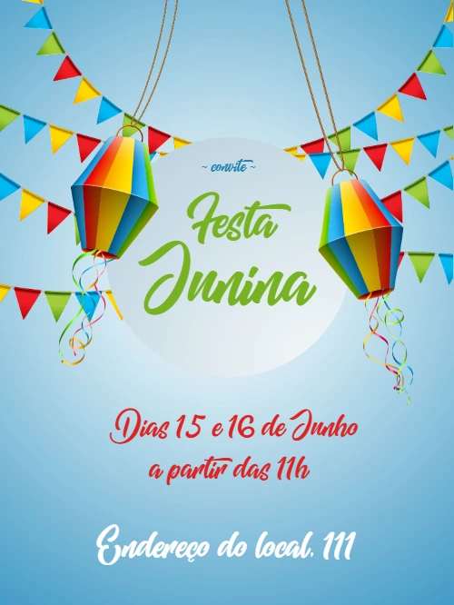 Convite Festa Junina com Bandeirinhas e Balões para Editar Online
