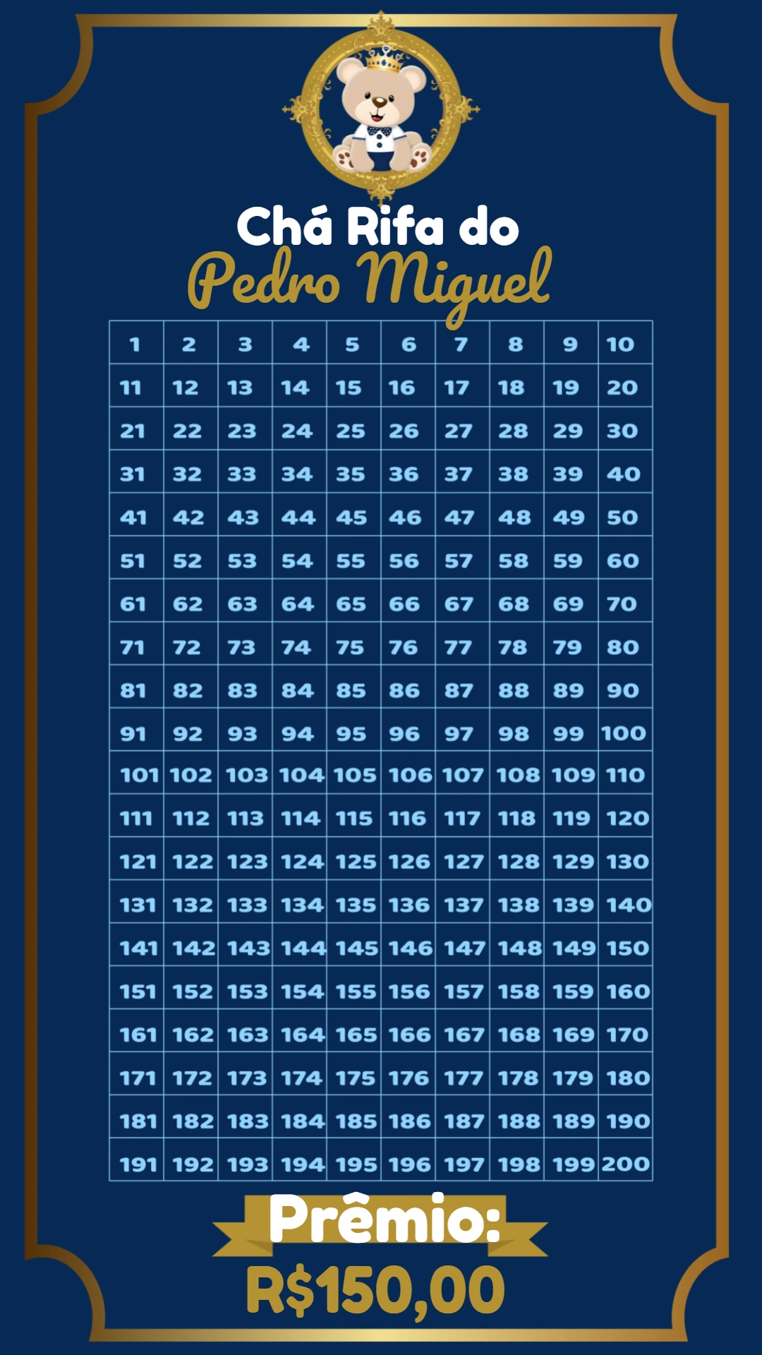 Chá Rifa Ursinho Príncipe para Editar e Imprimir Online