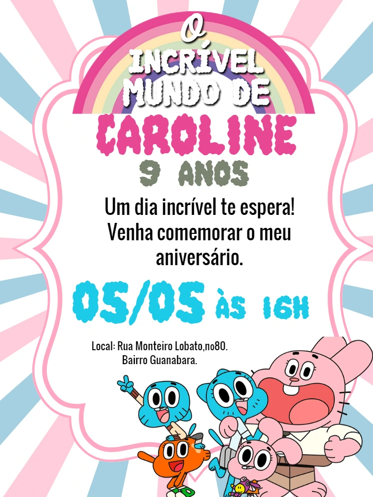 Convite de Aniversário O Incrível Mundo de Gumball para Editar
