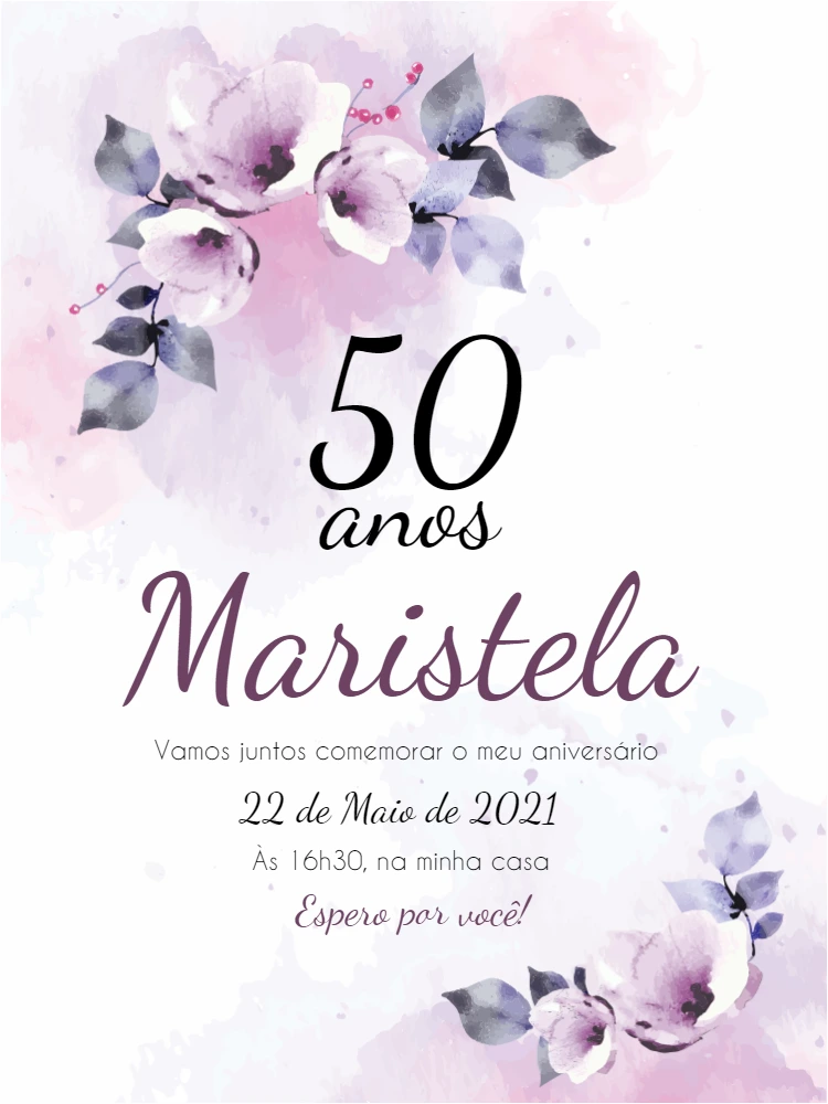 Convite de 50 Anos Floral Lilás para Editar e Imprimir