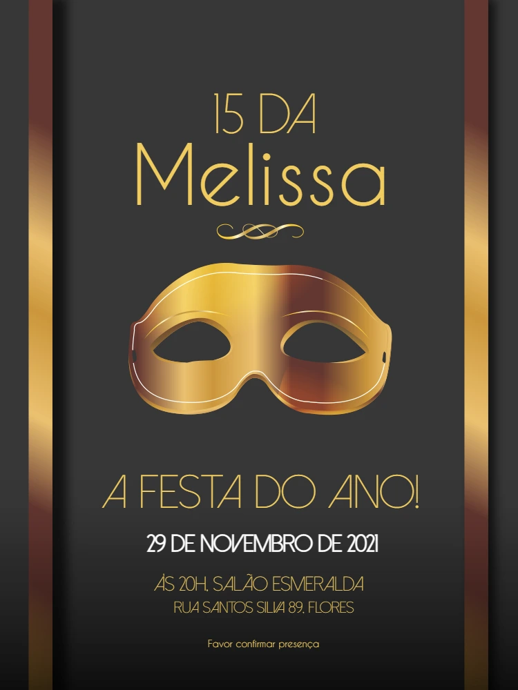Convite 15 Anos Baile de Máscaras Preto e Dourado para Editar