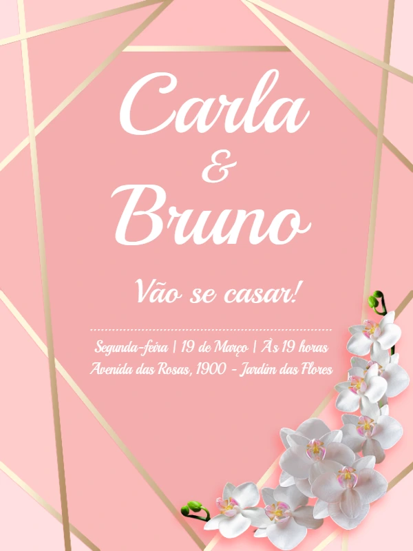 Convite de Casamento Rosa e Dourado Geométrico para Editar