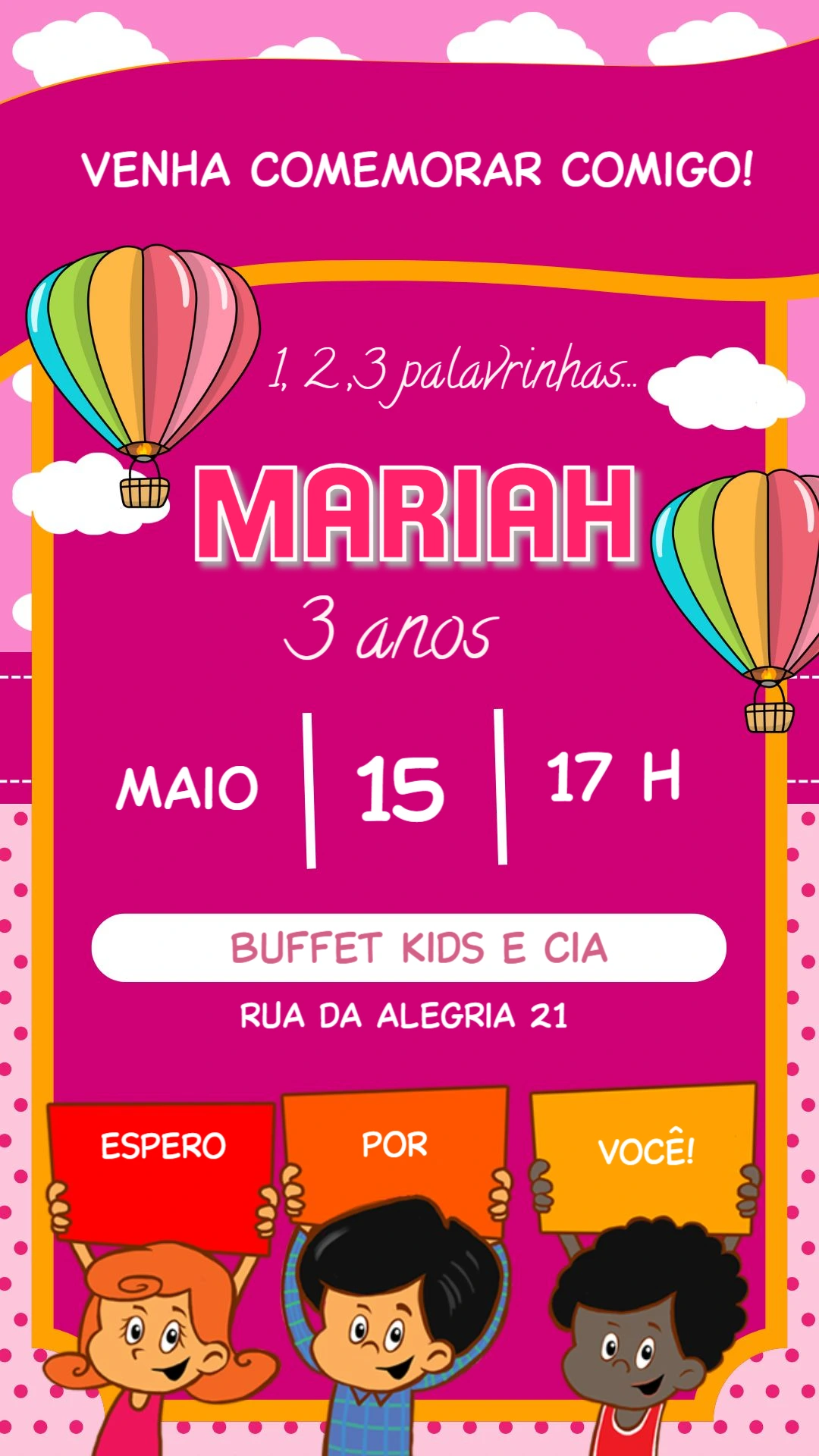 Convite Aniversário 3 Palavrinhas para Editar Online