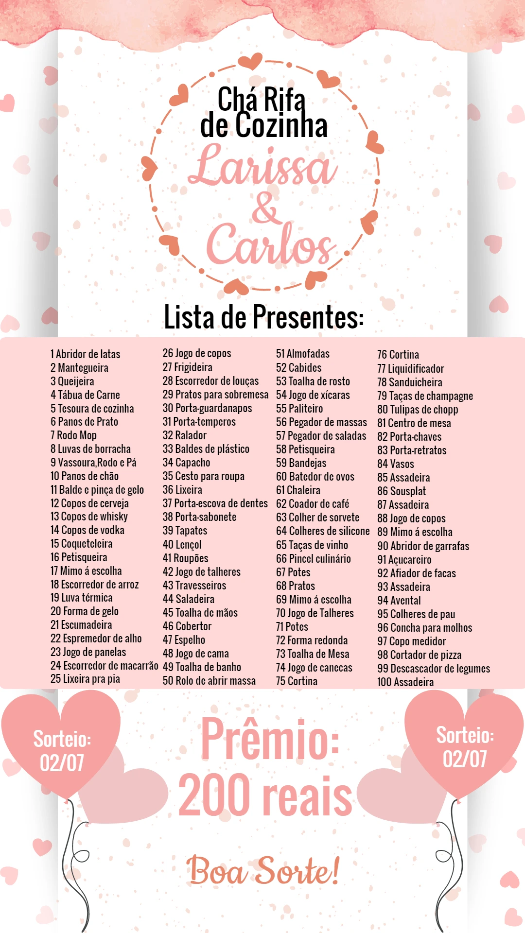 Convite Chá Rifa de Cozinha Corações para Editar Online