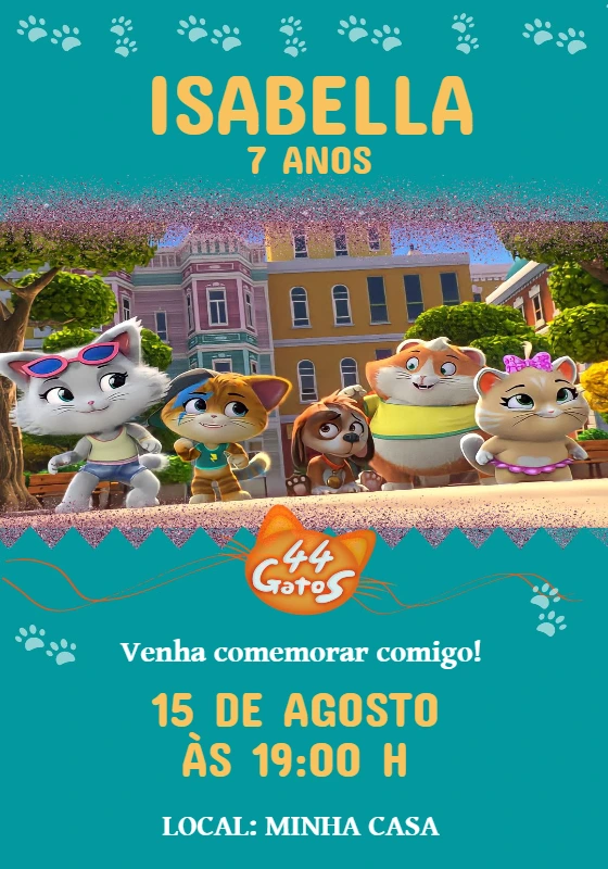 Convite de Aniversário 44 Gatos para Editar Online