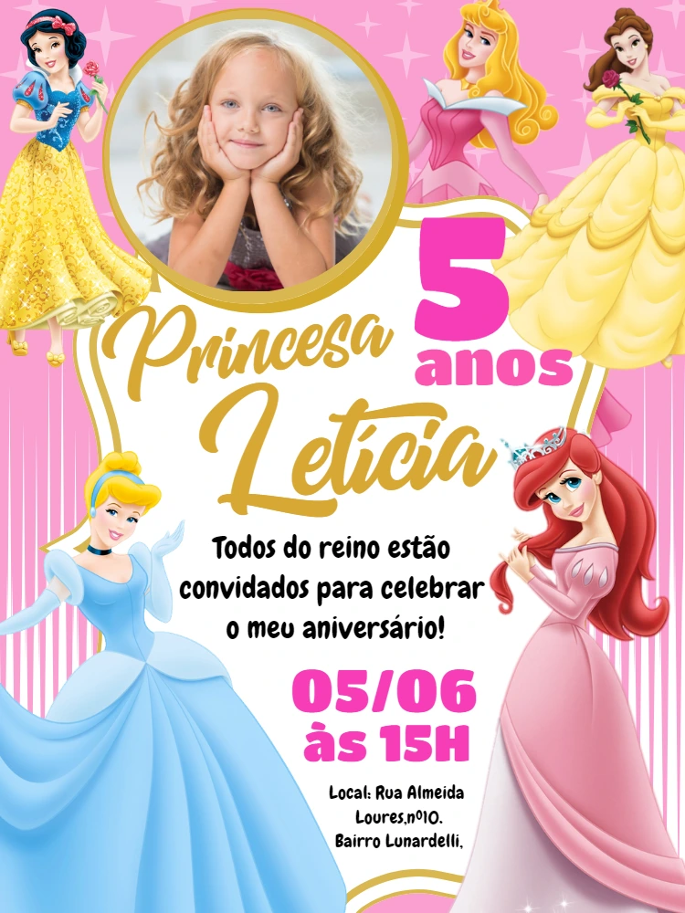 Convite de Aniversário Princesas Disney com Foto para Editar