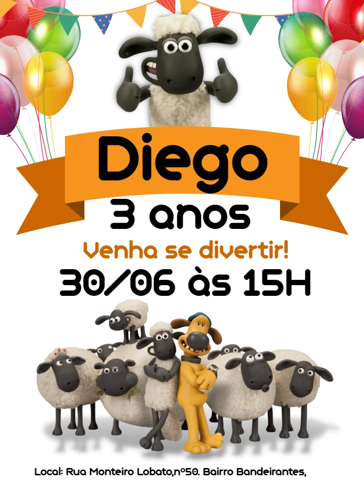 Convite de Aniversário Shaun o Carneiro Editável Online