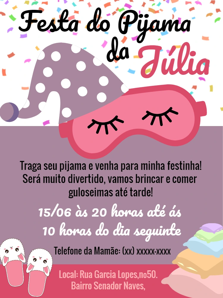 Convite de Aniversário Festa do Pijama para Editar Online