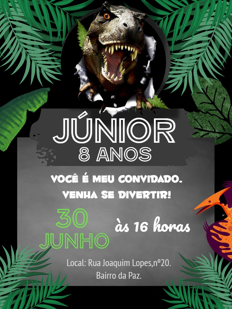 Convite Aniversário Dinossauros T-Rex para Editar Online