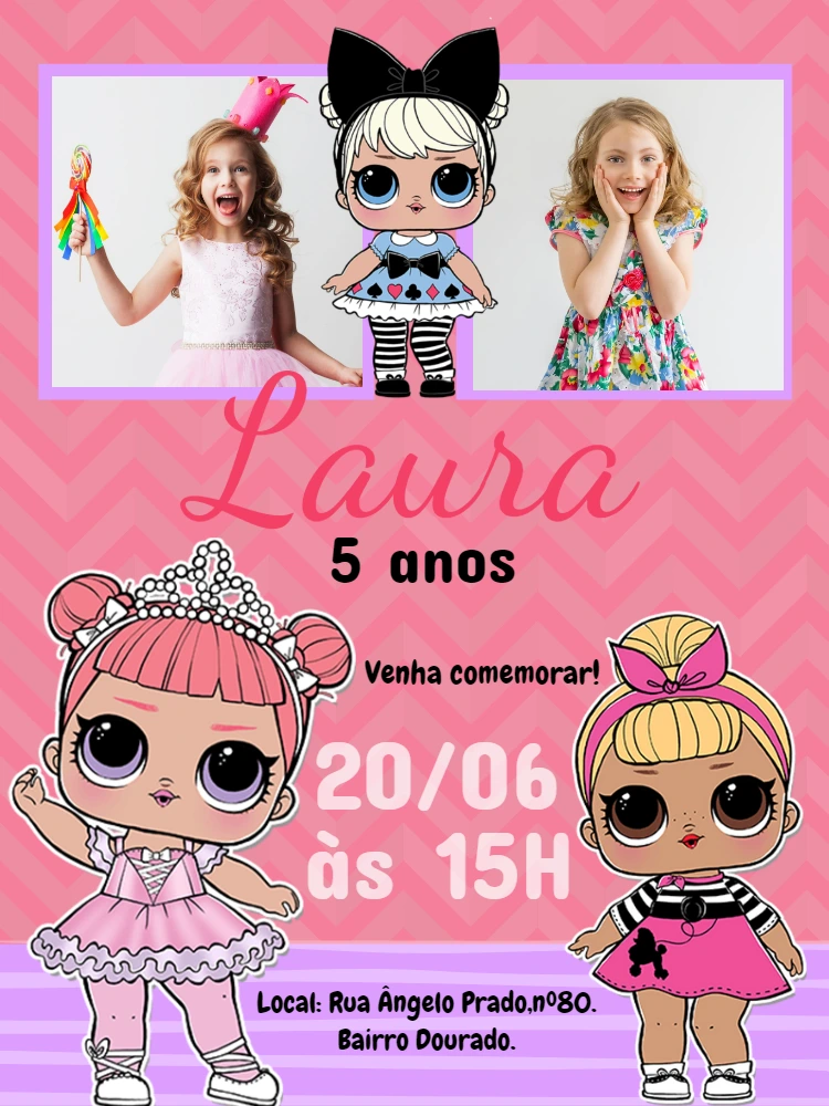 Convite Aniversário LOL Surprise com Foto para Editar Online